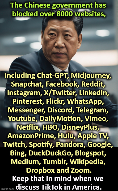 The Chinese government has 
blocked over 8000 websites, including Chat-GPT, Midjourney, 
Snapchat, Facebook, Reddit, 
Instagram, X/Twitter, LinkedIn, 
Pinterest, Flickr, WhatsApp, 
Messenger, Discord, Telegram, 
Youtube, DailyMotion, Vimeo, 
Netflix, HBO, DisneyPlus, 
AmazonPrime, Hulu, Apple TV, 
Twitch, Spotify, Pandora, Google, 
Bing, DuckDuckGo, Blogspot, 
Medium, Tumblr, Wikipedia, 
Dropbox and Zoom. Keep that in mind when we 
discuss TikTok in America. | image tagged in china,chinese,tiktok,google,instagram,twitter | made w/ Imgflip meme maker