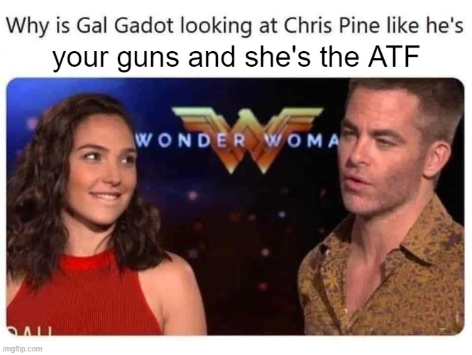 Gal Gadot Chris Pine | your guns and she's the ATF | image tagged in gal gadot chris pine,guns | made w/ Imgflip meme maker