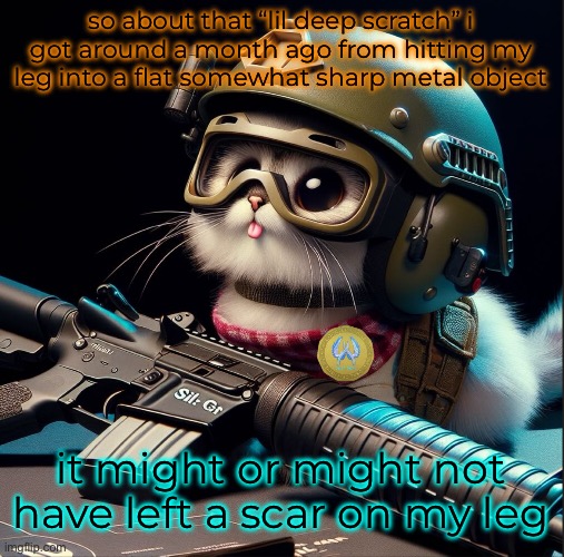 so about that “lil deep scratch” i got around a month ago from hitting my leg into a flat somewhat sharp metal object; it might or might not have left a scar on my leg | image tagged in ai generated silly critter but better | made w/ Imgflip meme maker