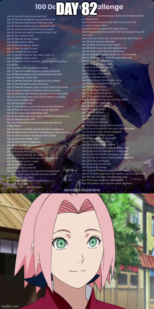 Day 82: Sakura Haruno (Naruto) | DAY 82 | image tagged in 100 day anime challenge | made w/ Imgflip meme maker