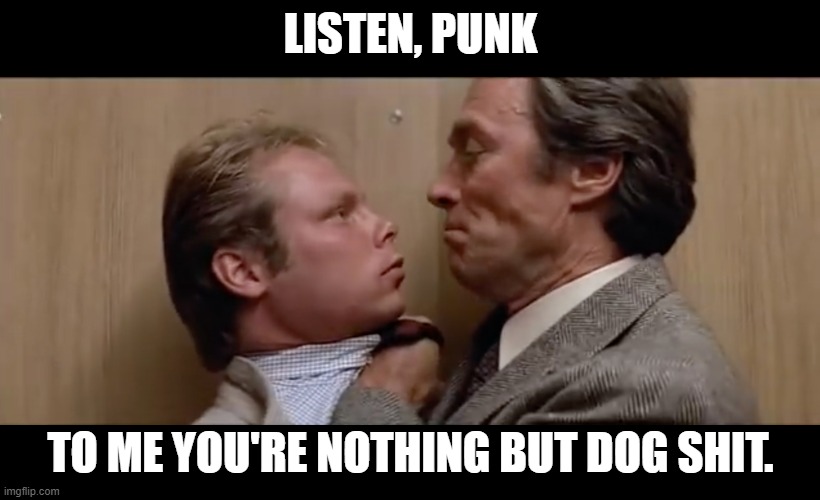 dirty harry sudden impact | LISTEN, PUNK TO ME YOU'RE NOTHING BUT DOG SHIT. | image tagged in dirty harry sudden impact | made w/ Imgflip meme maker
