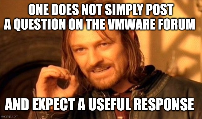 Ask vmware | ONE DOES NOT SIMPLY POST A QUESTION ON THE VMWARE FORUM; AND EXPECT A USEFUL RESPONSE | image tagged in one does not simply,vmware,forum,question,answer,response | made w/ Imgflip meme maker