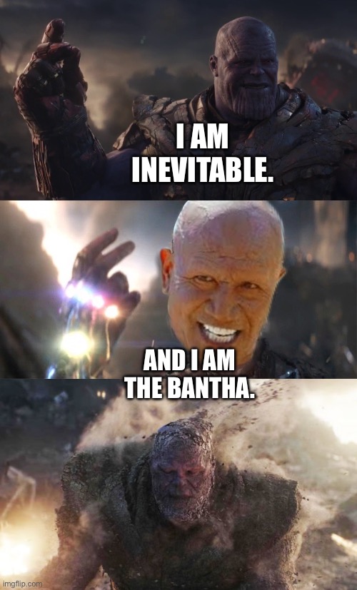 Boba Fett snaps Thanos and his forces out of existence | I AM INEVITABLE. AND I AM THE BANTHA. | image tagged in i am inevitable,mandalorian boba fett said weird thing,boba fett,bantha,avengers endgame,star wars | made w/ Imgflip meme maker