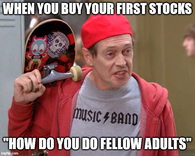 Steve Buscemi Fellow Kids | WHEN YOU BUY YOUR FIRST STOCKS; "HOW DO YOU DO FELLOW ADULTS" | image tagged in steve buscemi fellow kids,stock memes | made w/ Imgflip meme maker