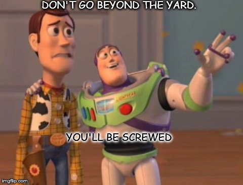 X, X Everywhere Meme | DON'T GO BEYOND THE YARD. YOU'LL BE SCREWED | image tagged in memes,x x everywhere | made w/ Imgflip meme maker