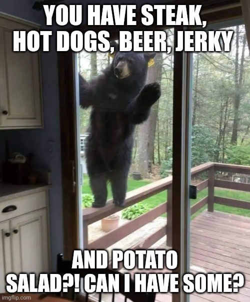Hungry Bear | YOU HAVE STEAK, HOT DOGS, BEER, JERKY; AND POTATO SALAD?! CAN I HAVE SOME? | image tagged in bear,grizzly bear | made w/ Imgflip meme maker