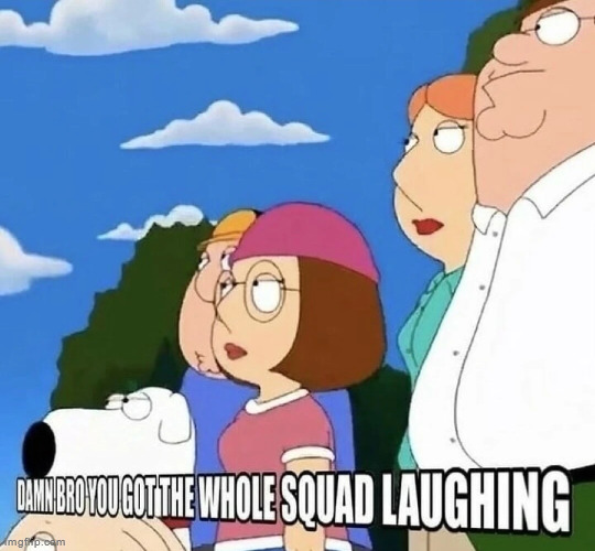 Damn Bro You Got The Whole Squad Laughing | image tagged in damn bro you got the whole squad laughing | made w/ Imgflip meme maker