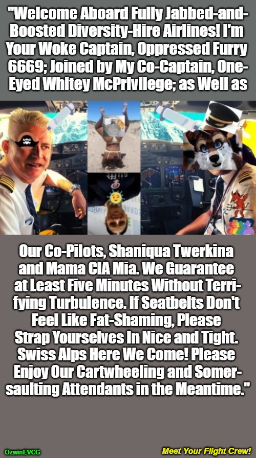 Meet Your Flight Crew! | "Welcome Aboard Fully Jabbed-and-

Boosted Diversity-Hire Airlines! I'm 

Your Woke Captain, Oppressed Furry 

6669; Joined by My Co-Captain, One-

Eyed Whitey McPrivilege; as Well as; Our Co-Pilots, Shaniqua Twerkina 

and Mama CIA Mia. We Guarantee 

at Least Five Minutes Without Terri-

fying Turbulence. If Seatbelts Don't 

Feel Like Fat-Shaming, Please 

Strap Yourselves In Nice and Tight. 

Swiss Alps Here We Come! Please 

Enjoy Our Cartwheeling and Somer-

saulting Attendants in the Meantime."; Meet Your Flight Crew! OzwinEVCG | image tagged in clown world,diversity,hiring,safety,flying,world occupied | made w/ Imgflip meme maker
