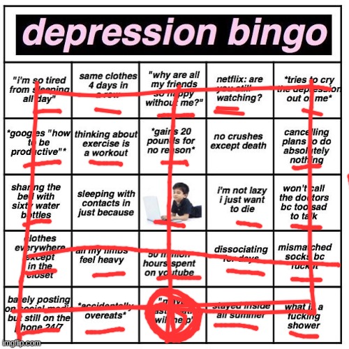i made a square :0 | image tagged in depression bingo | made w/ Imgflip meme maker