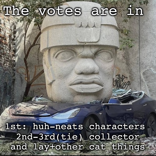 +mauriced | The votes are in; 1st: huh-neats characters 
2nd-3rd(tie) collector and lay+other cat things | image tagged in mauriced | made w/ Imgflip meme maker
