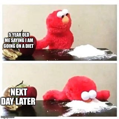elmo cocaine | 5 YEAR OLD ME SAYING I AM GOING ON A DIET; NEXT DAY LATER | image tagged in elmo cocaine | made w/ Imgflip meme maker