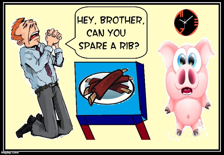 Spare a Rib... Spare Ribs... Get it? Ha Ha Ha... I'm sorry | image tagged in vince vance,spare ribs,cartoons,pigs,bad jokes,food memes | made w/ Imgflip meme maker