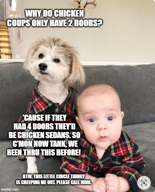 Dad jokes | WHY DO CHICKEN COUPS ONLY HAVE 2 DOORS? 'CAUSE IF THEY HAD 4 DOORS THEY'D BE CHICKEN SEDANS. SO  C'MON NOW TANK, WE BEEN THRU THIS BEFORE! BTW, THIS LITTLE CIRCLE THINGY IS CREEPING ME OUT. PLEASE CALL MOM. | image tagged in dad jokes | made w/ Imgflip meme maker