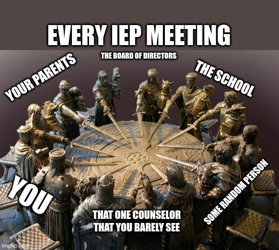 So boring. | EVERY IEP MEETING; THE BOARD OF DIRECTORS; YOUR PARENTS; THE SCHOOL; YOU; SOME RANDOM PERSON; THAT ONE COUNSELOR THAT YOU BARELY SEE | image tagged in knights of the round table | made w/ Imgflip meme maker