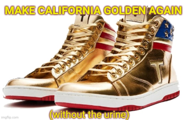 Trump sneakers | MAKE CALIFORNIA GOLDEN AGAIN (without the urine) | image tagged in trump sneakers | made w/ Imgflip meme maker