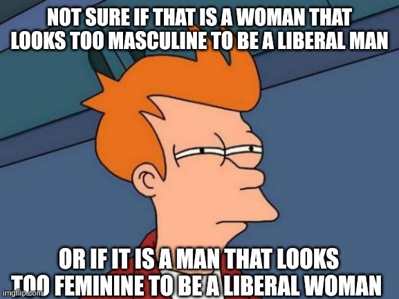 Futurama Fry Meme | NOT SURE IF THAT IS A WOMAN THAT LOOKS TOO MASCULINE TO BE A LIBERAL MAN OR IF IT IS A MAN THAT LOOKS TOO FEMININE TO BE A LIBERAL WOMAN | image tagged in memes,futurama fry | made w/ Imgflip meme maker