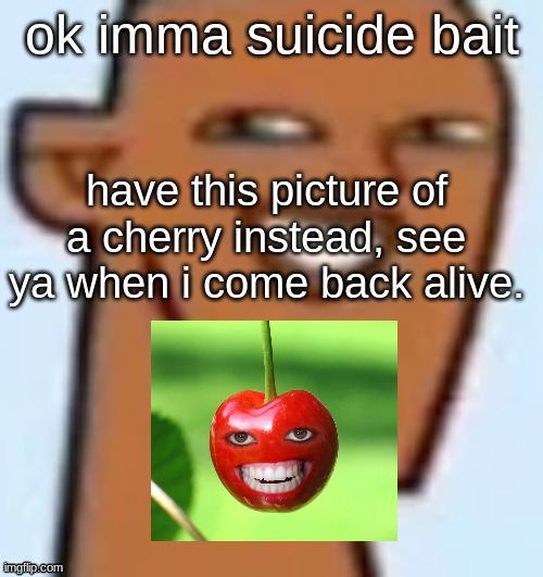 justin | ok imma suicide bait; have this picture of a cherry instead, see ya when i come back alive. | image tagged in justin | made w/ Imgflip meme maker