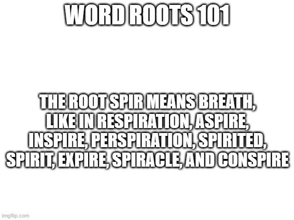 Latin root | WORD ROOTS 101; THE ROOT SPIR MEANS BREATH, LIKE IN RESPIRATION, ASPIRE, INSPIRE, PERSPIRATION, SPIRITED, SPIRIT, EXPIRE, SPIRACLE, AND CONSPIRE | made w/ Imgflip meme maker