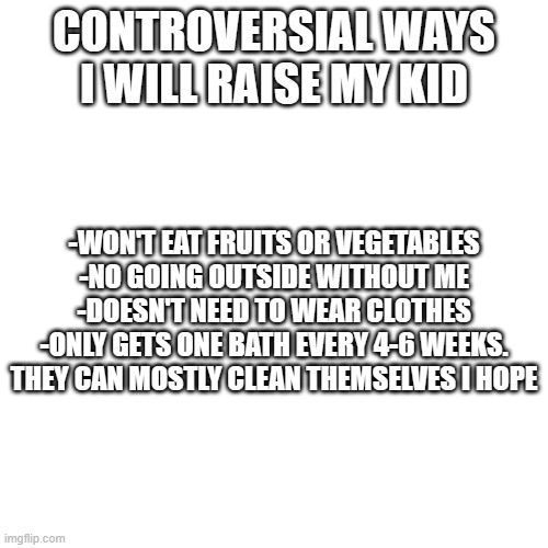 CONTROVERSIAL WAYS I WILL RAISE MY KID; -WON'T EAT FRUITS OR VEGETABLES
-NO GOING OUTSIDE WITHOUT ME
-DOESN'T NEED TO WEAR CLOTHES
-ONLY GETS ONE BATH EVERY 4-6 WEEKS. THEY CAN MOSTLY CLEAN THEMSELVES I HOPE | made w/ Imgflip meme maker