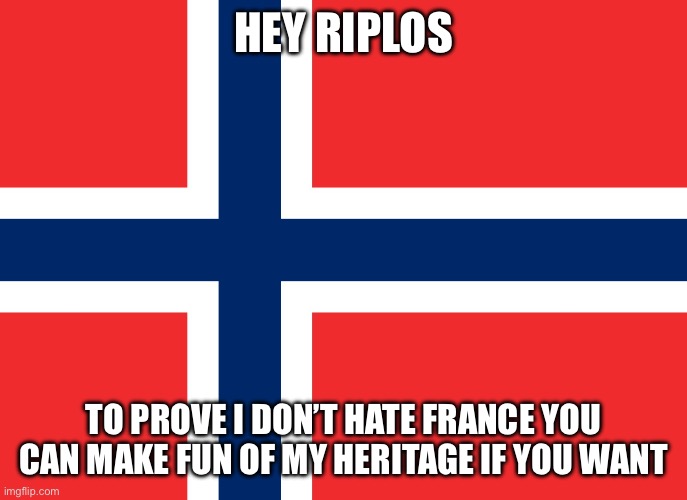 Make sure riplos sees this guys | HEY RIPLOS; TO PROVE I DON’T HATE FRANCE YOU CAN MAKE FUN OF MY HERITAGE IF YOU WANT | image tagged in norwegian flag | made w/ Imgflip meme maker