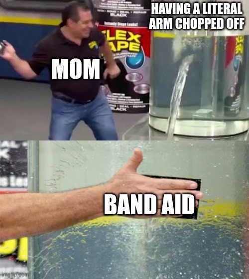 Flex Tape | HAVING A LITERAL ARM CHOPPED OFF; MOM; BAND AID | image tagged in flex tape | made w/ Imgflip meme maker