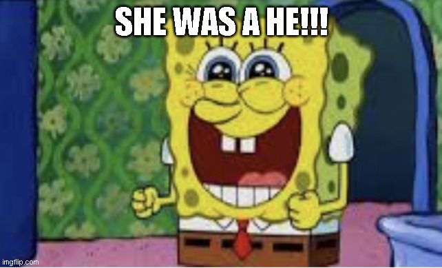 Happy spongebob | SHE WAS A HE!!! | image tagged in happy spongebob | made w/ Imgflip meme maker