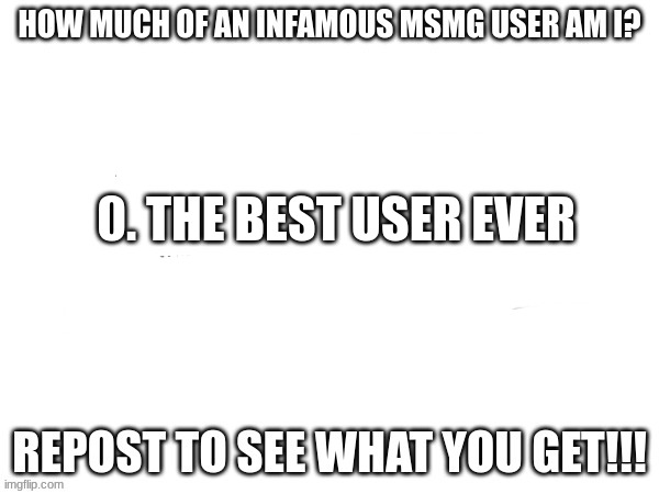 How Much of an Infamous MSMG User am I? | 0. THE BEST USER EVER | image tagged in how much of an infamous msmg user am i | made w/ Imgflip meme maker