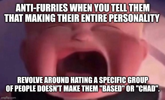 You're not, "based", you're not "chad", and you're not "epic". You're just a terminally online nobody. Grow up. | ANTI-FURRIES WHEN YOU TELL THEM THAT MAKING THEIR ENTIRE PERSONALITY REVOLVE AROUND HATING A SPECIFIC GROUP OF PEOPLE DOESN'T MAKE THEM "BAS | image tagged in boss baby crying | made w/ Imgflip meme maker