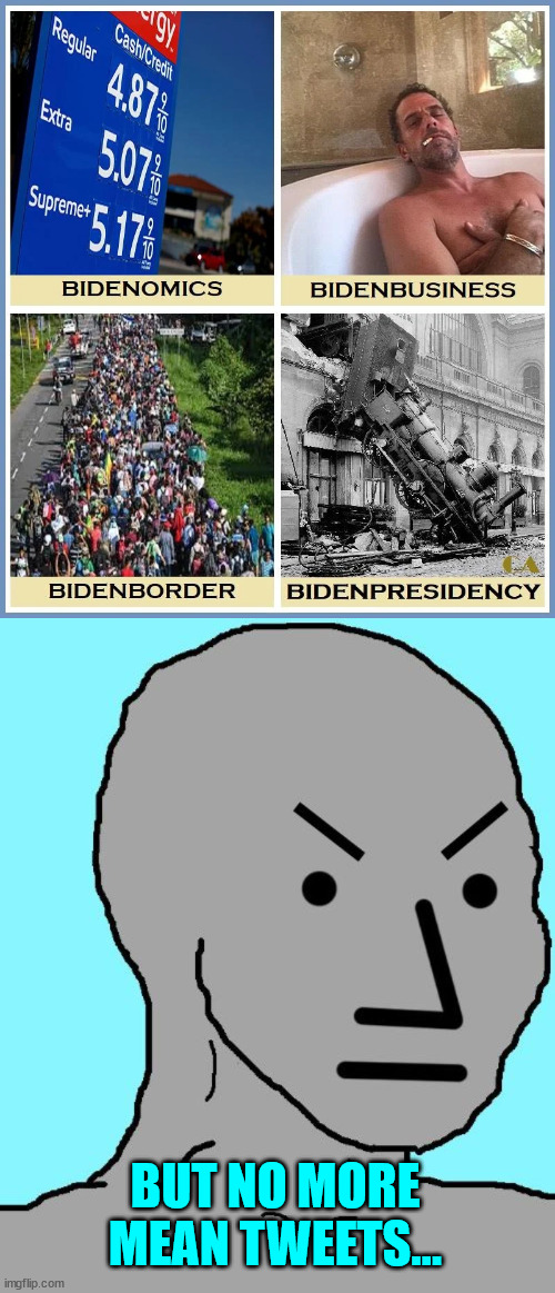 Briben is a complete fiasco... | BUT NO MORE MEAN TWEETS... | image tagged in npc meme angry,no more mean tweets,that is all that matters | made w/ Imgflip meme maker