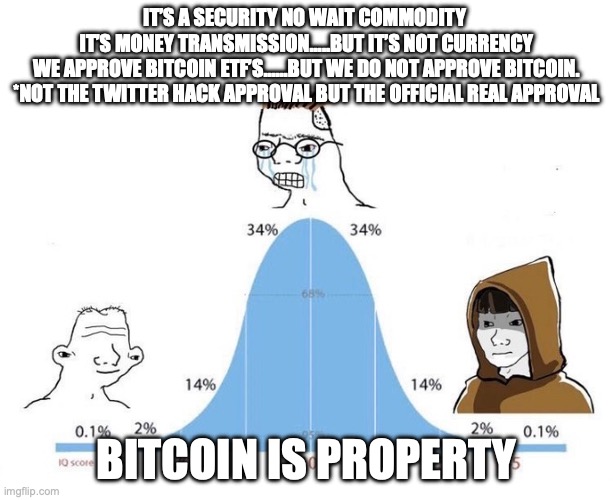 Bitcoin is Property | IT’S A SECURITY NO WAIT COMMODITY 
IT’S MONEY TRANSMISSION…..BUT IT’S NOT CURRENCY
WE APPROVE BITCOIN ETF’S……BUT WE DO NOT APPROVE BITCOIN.
*NOT THE TWITTER HACK APPROVAL BUT THE OFFICIAL REAL APPROVAL; BITCOIN IS PROPERTY | image tagged in bell curve high quality | made w/ Imgflip meme maker