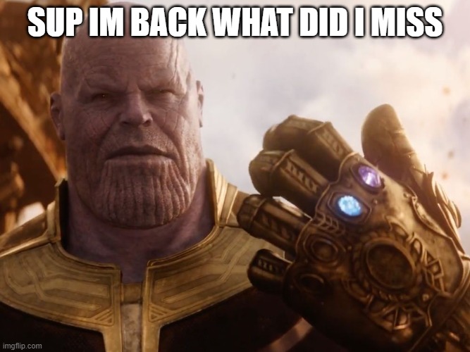 Thanos Smile | SUP IM BACK WHAT DID I MISS | image tagged in thanos smile | made w/ Imgflip meme maker