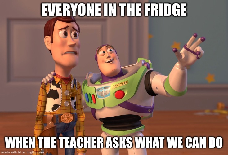 X, X Everywhere | EVERYONE IN THE FRIDGE; WHEN THE TEACHER ASKS WHAT WE CAN DO | image tagged in memes,x x everywhere | made w/ Imgflip meme maker