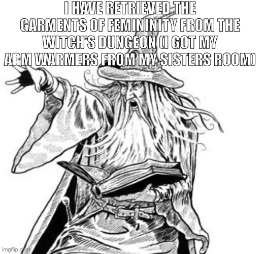 boredom | I HAVE RETRIEVED THE GARMENTS OF FEMININITY FROM THE WITCH’S DUNGEON (I GOT MY ARM WARMERS FROM MY SISTERS ROOM) | image tagged in wizard casting a spell | made w/ Imgflip meme maker