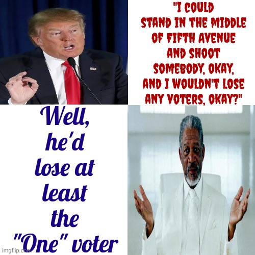 Trump Thinks He's King Of The World.  At His Age You'd Think He'd Consider Asking For Forgiveness From The Only ONE That Matters | "I could stand in the middle of Fifth Avenue and shoot somebody, okay, and I wouldn't lose any voters, okay?"; Well, he'd lose at least
the "One" voter | image tagged in trump unfit unqualified dangerous,con man,trump is a liar,lock him up,malignant narcissist,memes | made w/ Imgflip meme maker