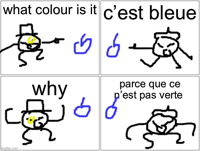 Blank Comic Panel 2x2 | what colour is it; c’est bleue; why; parce que ce n’est pas verte | image tagged in memes,blank comic panel 2x2 | made w/ Imgflip meme maker