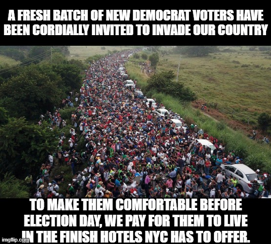 A FRESH BATCH OF NEW DEMOCRAT VOTERS HAVE BEEN CORDIALLY INVITED TO INVADE OUR COUNTRY TO MAKE THEM COMFORTABLE BEFORE ELECTION DAY, WE PAY  | made w/ Imgflip meme maker
