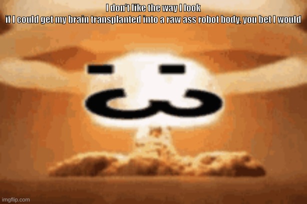 the urge to ram my head into every mirror in the house | I don't like the way I look
if I could get my brain transplanted into a raw ass robot body, you bet I would | made w/ Imgflip meme maker