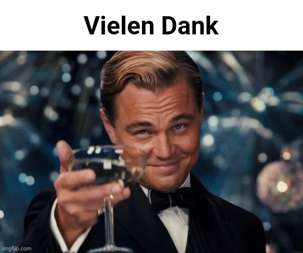 Leonardo Dicaprio Cheers Meme | Vielen Dank | image tagged in memes,leonardo dicaprio cheers | made w/ Imgflip meme maker