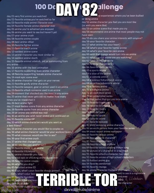 100 day anime challenge | DAY 82 TERRIBLE TORNADO | image tagged in 100 day anime challenge | made w/ Imgflip meme maker