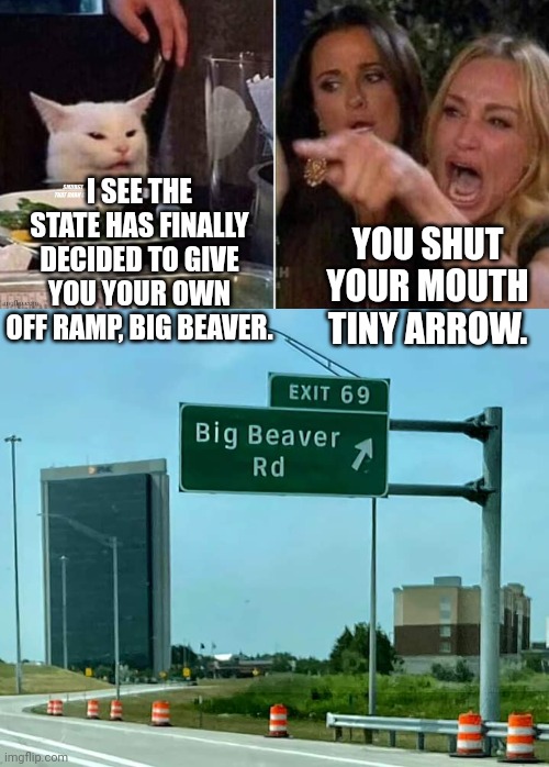 I SEE THE STATE HAS FINALLY DECIDED TO GIVE YOU YOUR OWN OFF RAMP, BIG BEAVER. YOU SHUT YOUR MOUTH TINY ARROW. | image tagged in smudge the cat,woman yelling at cat,karen the manager will see you now | made w/ Imgflip meme maker