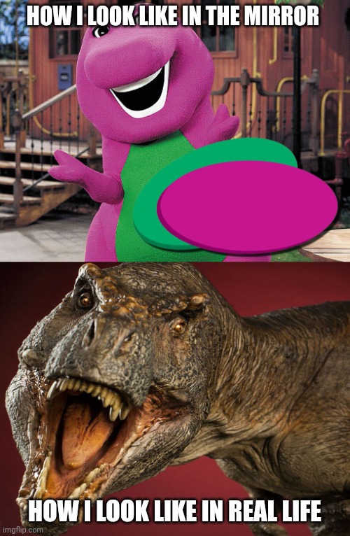 barney t-rex | HOW I LOOK LIKE IN THE MIRROR; HOW I LOOK LIKE IN REAL LIFE | image tagged in barney t-rex,memes,funny,barney | made w/ Imgflip meme maker