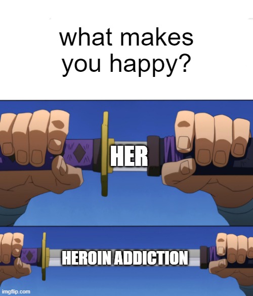 Unsheathing Sword | what makes you happy? HER; HEROIN ADDICTION | image tagged in unsheathing sword | made w/ Imgflip meme maker