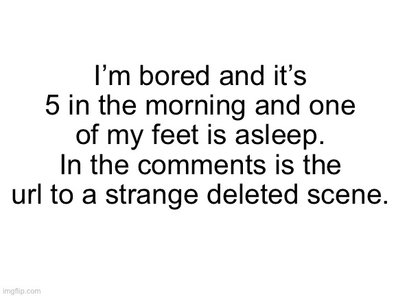 Seriously I’m bored | I’m bored and it’s 5 in the morning and one of my feet is asleep. In the comments is the url to a strange deleted scene. | image tagged in blank white template,deleted,scene,im bored,i'm hungry | made w/ Imgflip meme maker
