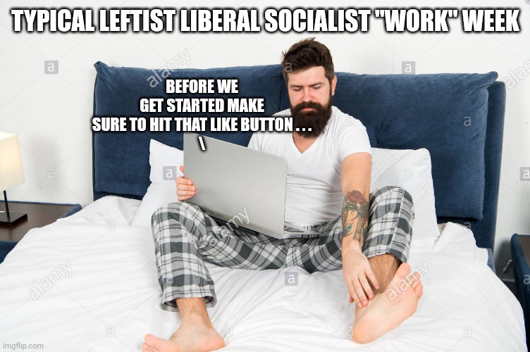 Guy in bed wearing pajamas with laptop | TYPICAL LEFTIST LIBERAL SOCIALIST "WORK" WEEK BEFORE WE GET STARTED MAKE SURE TO HIT THAT LIKE BUTTON . . .
\ | image tagged in guy in bed wearing pajamas with laptop | made w/ Imgflip meme maker