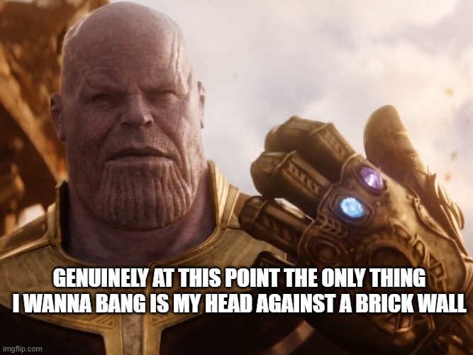 Thanos Smile | GENUINELY AT THIS POINT THE ONLY THING I WANNA BANG IS MY HEAD AGAINST A BRICK WALL | image tagged in thanos smile | made w/ Imgflip meme maker