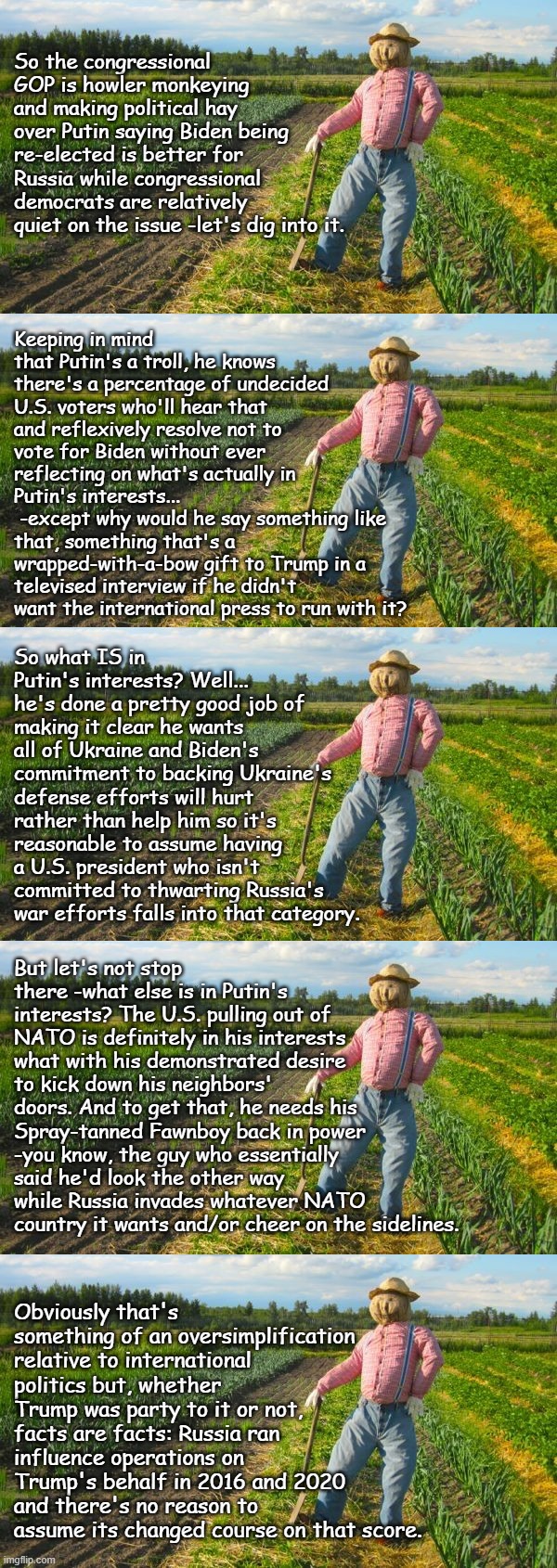 Well howdy, Politics-stream kids, it's Socialism again and today's topic is Putin being kinda obvious. | So the congressional GOP is howler monkeying and making political hay over Putin saying Biden being re-elected is better for Russia while congressional democrats are relatively quiet on the issue -let's dig into it. Keeping in mind that Putin's a troll, he knows there's a percentage of undecided U.S. voters who'll hear that and reflexively resolve not to vote for Biden without ever reflecting on what's actually in Putin's interests... 
 -except why would he say something like that, something that's a wrapped-with-a-bow gift to Trump in a televised interview if he didn't want the international press to run with it? So what IS in Putin's interests? Well... he's done a pretty good job of making it clear he wants all of Ukraine and Biden's commitment to backing Ukraine's defense efforts will hurt rather than help him so it's reasonable to assume having a U.S. president who isn't committed to thwarting Russia's war efforts falls into that category. But let's not stop there -what else is in Putin's interests? The U.S. pulling out of NATO is definitely in his interests what with his demonstrated desire to kick down his neighbors' doors. And to get that, he needs his Spray-tanned Fawnboy back in power -you know, the guy who essentially said he'd look the other way while Russia invades whatever NATO country it wants and/or cheer on the sidelines. Obviously that's something of an oversimplification relative to international politics but, whether Trump was party to it or not, facts are facts: Russia ran influence operations on Trump's behalf in 2016 and 2020 and there's no reason to assume its changed course on that score. | image tagged in scarecrow in field,politics,tactical disinformation,modern warfare | made w/ Imgflip meme maker