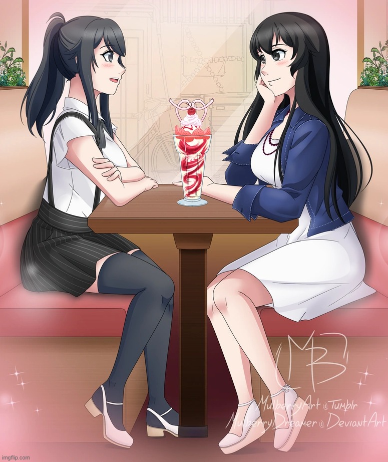 Whatever that is on the table, It looks good. :P | image tagged in yandere simulator,ayano aishi,taeko yamada | made w/ Imgflip meme maker