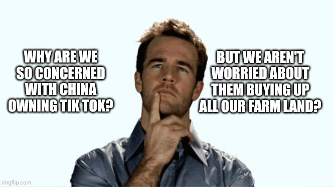 Hmmm | BUT WE AREN'T WORRIED ABOUT THEM BUYING UP ALL OUR FARM LAND? WHY ARE WE SO CONCERNED WITH CHINA OWNING TIK TOK? | image tagged in hmmm | made w/ Imgflip meme maker
