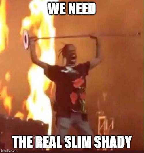 Travis Scott  | WE NEED THE REAL SLIM SHADY | image tagged in travis scott | made w/ Imgflip meme maker