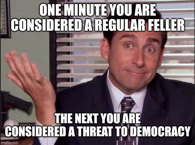 Michael Scott | ONE MINUTE YOU ARE CONSIDERED A REGULAR FELLER THE NEXT YOU ARE CONSIDERED A THREAT TO DEMOCRACY | image tagged in michael scott | made w/ Imgflip meme maker